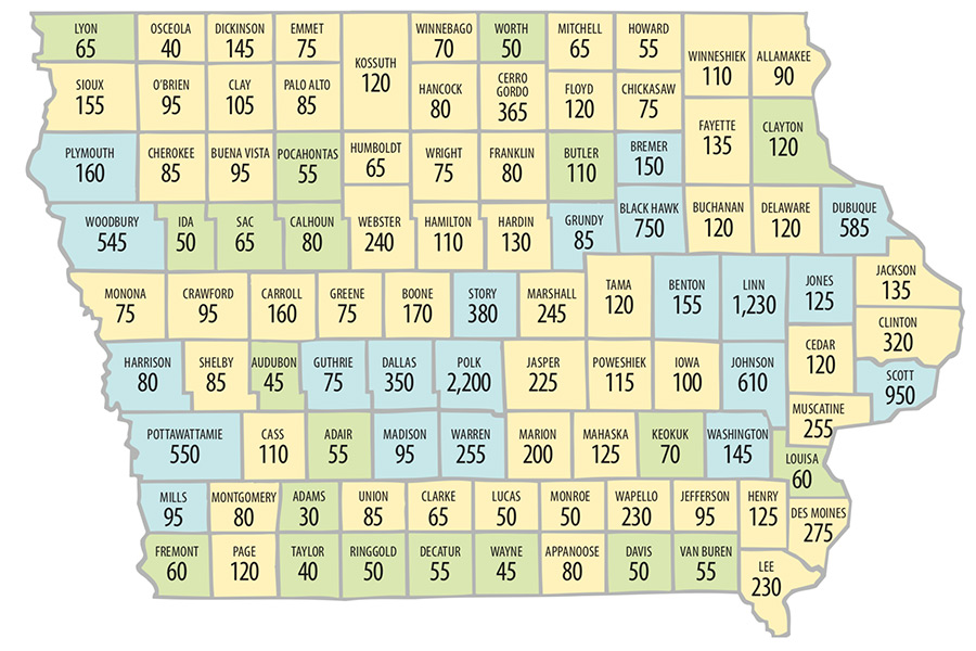 Iowa map showing cancer projections for current year