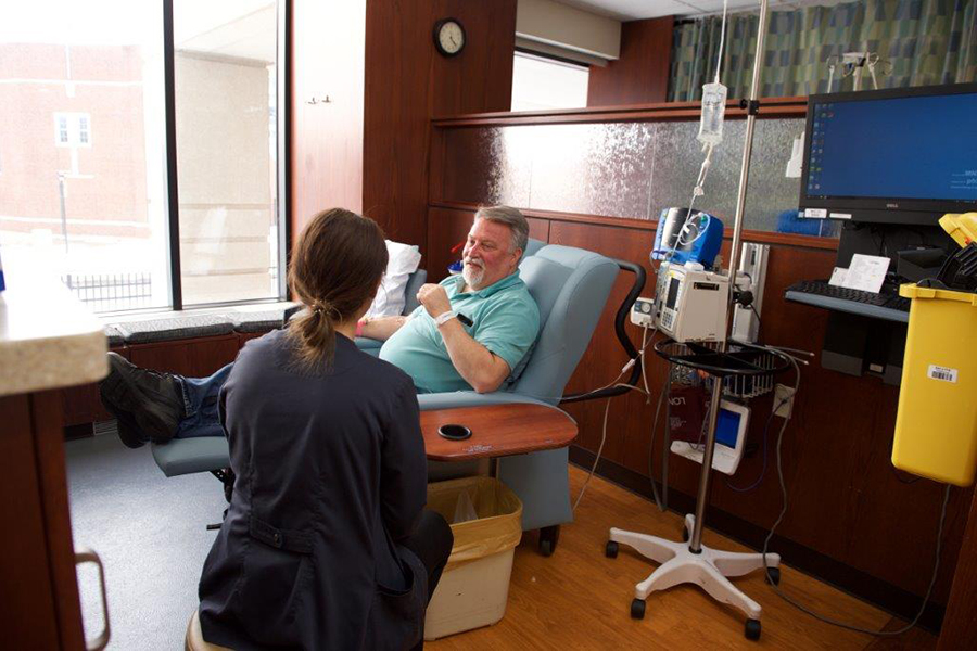 Kent Warner receives treatment in the new Holden Comprehensive Cancer Center infusion suite