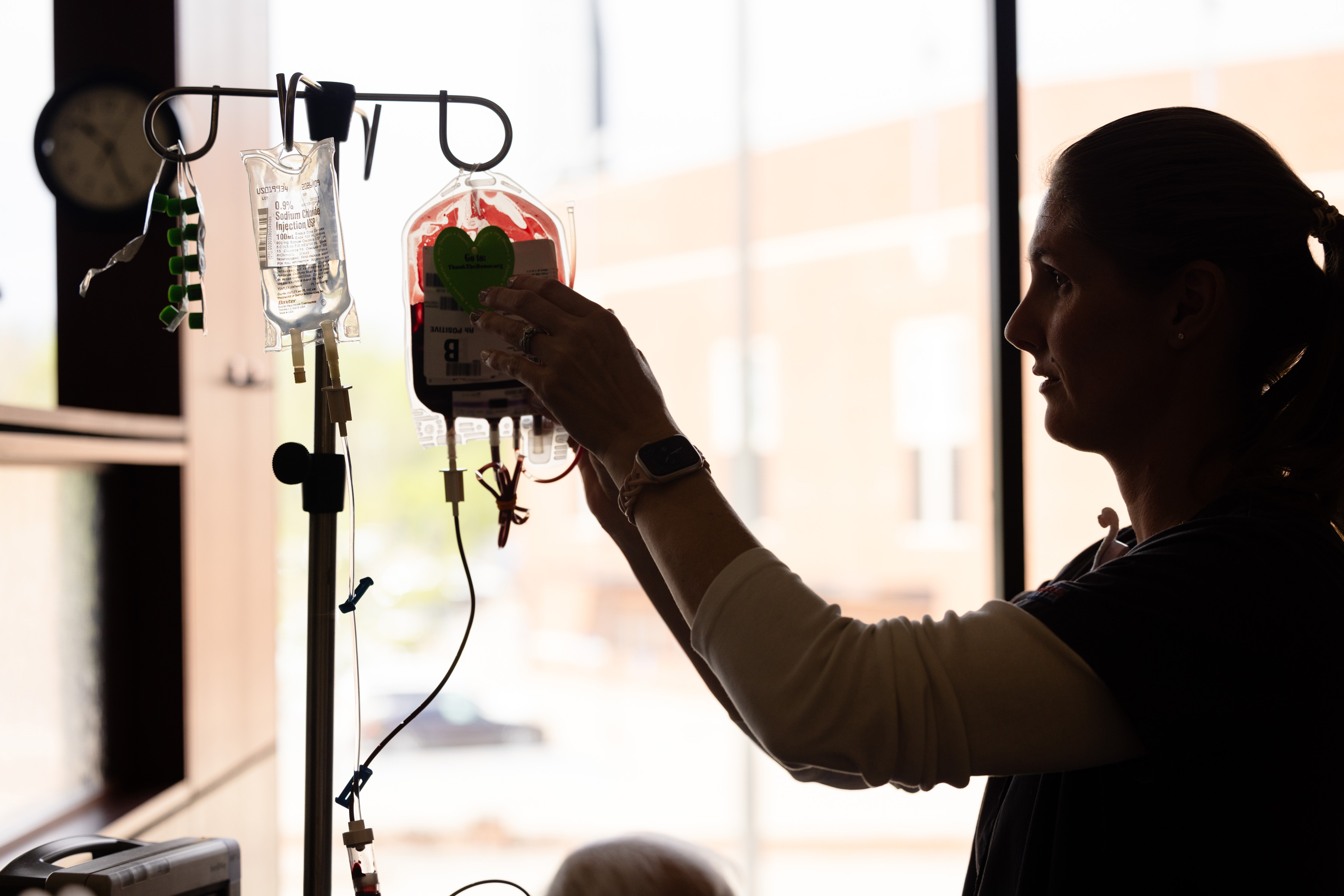 Staff nurse Laura Maurer, RN BSN, Holden Comprehensive Cancer Center on the UI Health Care university campus on Monday, May 5, 2025. Patient consent on file. Patient information has been blurred.